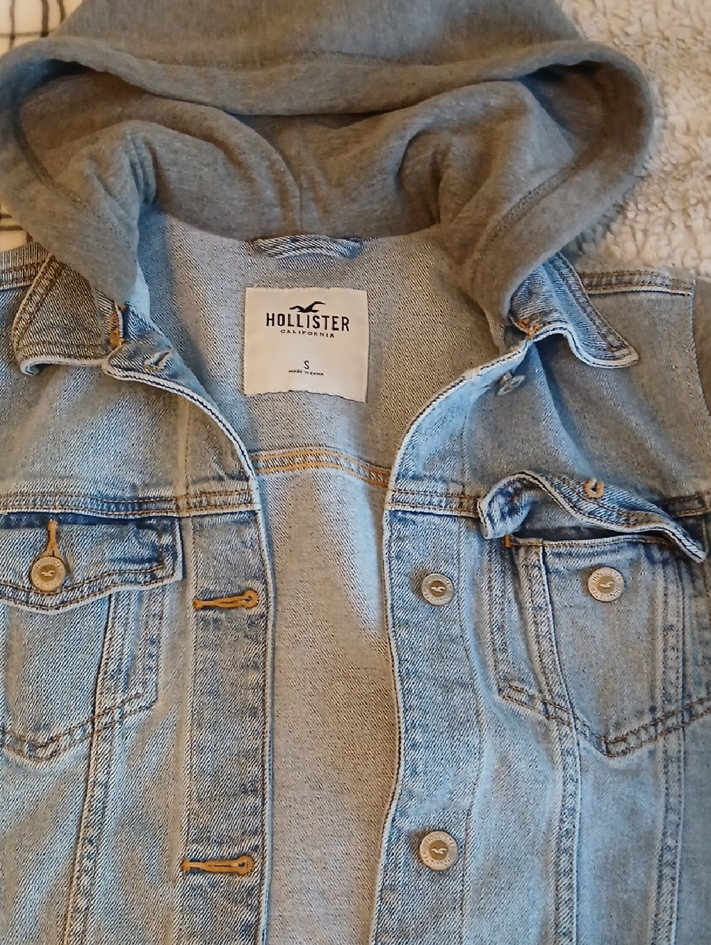 Hollister Light Blue Denim Jacket with Grey Hood